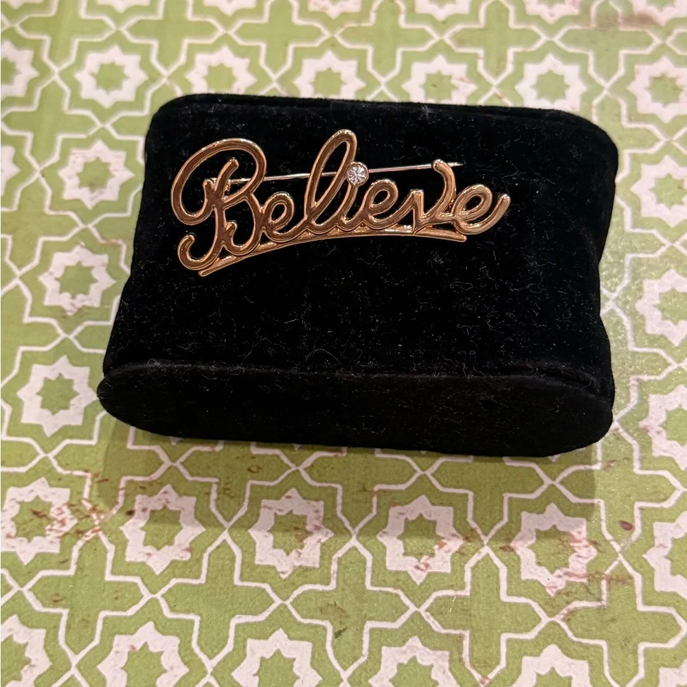 Avon Gold-Tone “Believe” Script Pin with Crystal Accent – Vintage — NEW